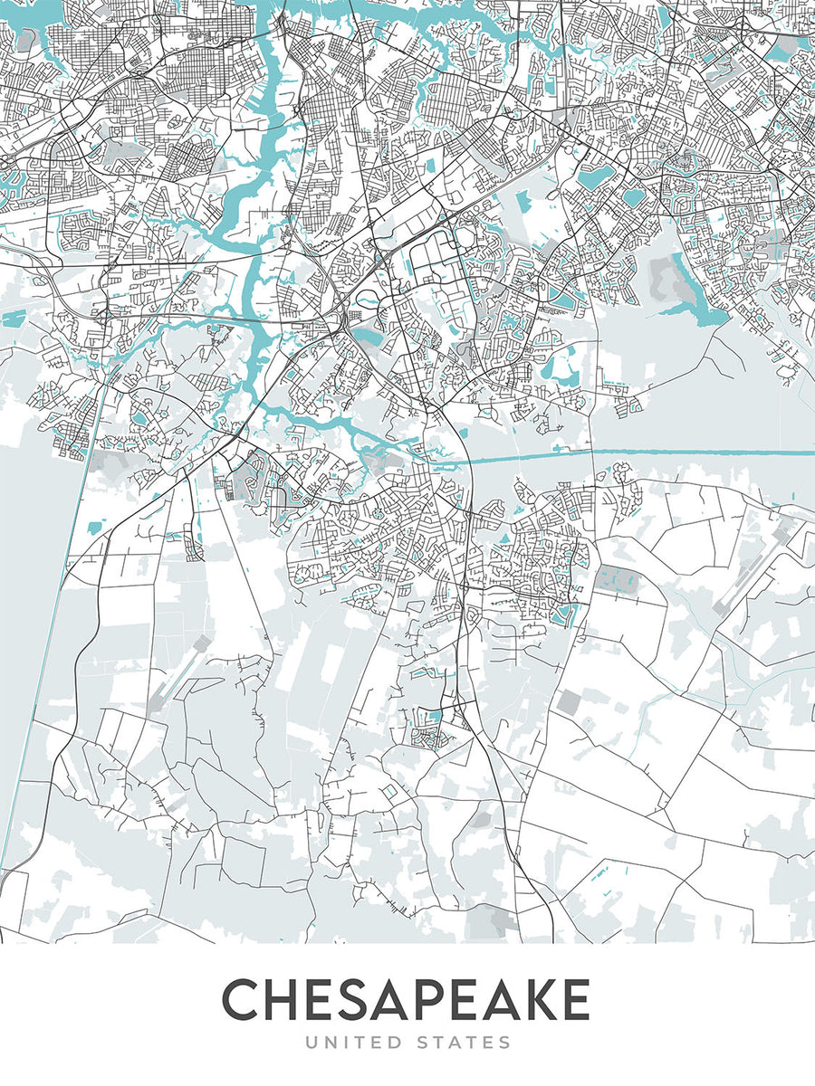 Moderne Stadtkarte von Chesapeake, VA: Chesapeake Bay, Norfolk, Great Dismal Swamp, I-64 