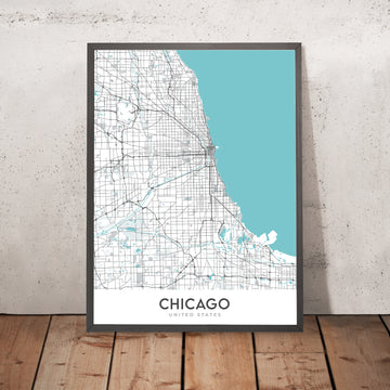 Moderne Stadtkarte von Chicago, IL: Wrigley Field, Willis Tower, Lake Michigan, The Loop, Magnificent Mile 