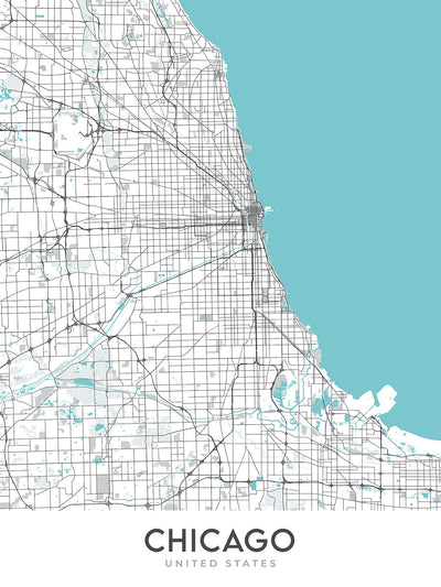 Mapa moderno de la ciudad de Chicago, IL: Wrigley Field, Willis Tower, Lake Michigan, The Loop, Magnificent Mile