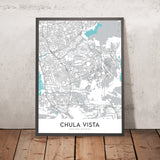 Plan de la ville moderne de Chula Vista, Californie : Castle Park, Eastlake, Interstate 5, Interstate 805, baie de San Diego