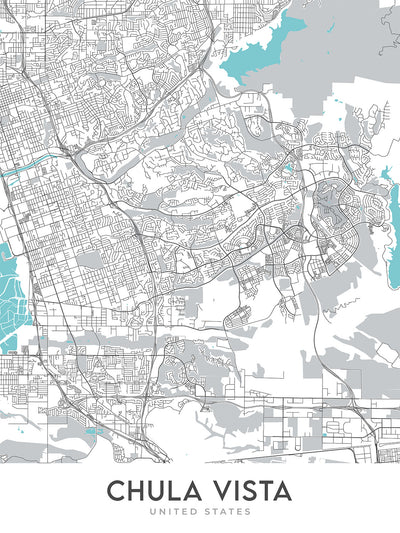 Mapa moderno de la ciudad de Chula Vista, CA: Castle Park, Eastlake, Interestatal 5, Interestatal 805, Bahía de San Diego