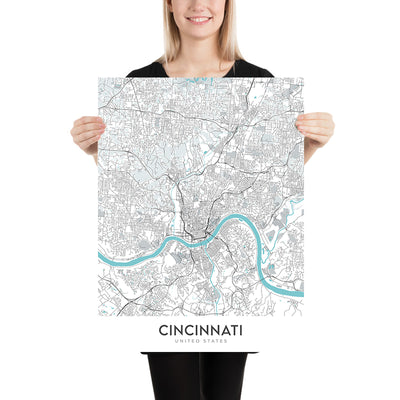 Modern City Map of Cincinnati, OH: Over-the-Rhine, Great American Ball Park, Museum Center, I-71, I-75