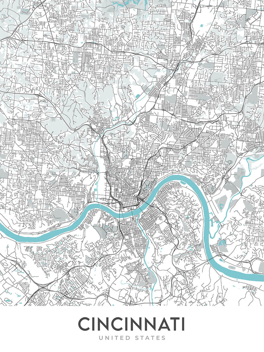 Moderne Stadtkarte von Cincinnati, OH: Over-the-Rhine, Great American Ball Park, Museum Center, I-71, I-75 