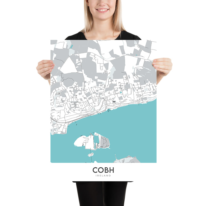 Modern Town Map of Cobh, Ireland: Cobh Cathedral, Cork Harbour, Great Island, Spike Island, Titanic Experience Cobh