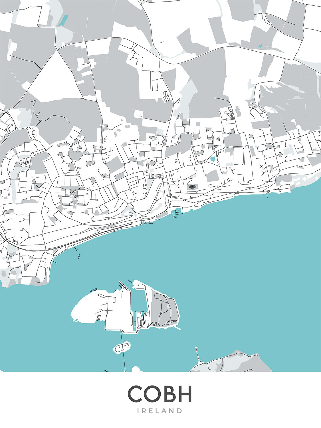 Modern Town Map of Cobh, Ireland: Cobh Cathedral, Cork Harbour, Great Island, Spike Island, Titanic Experience Cobh