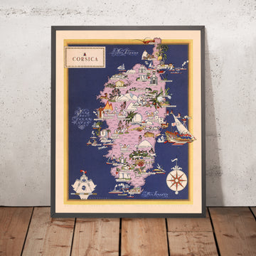 Vecchia Mappa Pittorica della Corsica, 1938: Bastia, Ajaccio, Calvi, Corte, Porto-Vecchio 