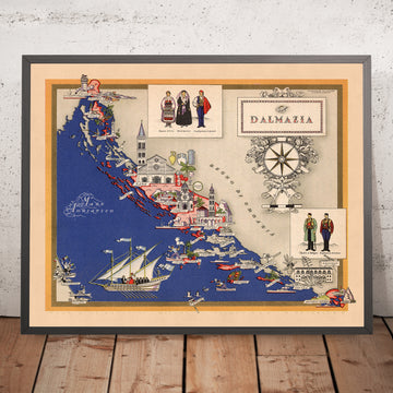 Alte Karte von Dalmatien, Kroatien von De Agostini, 1938: Königreich Italien, Split, Zara, Sebenico, Ragusa, Cattaro 