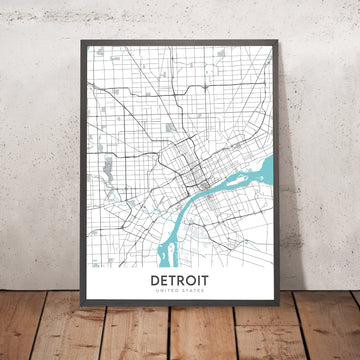 Moderne Stadtkarte von Detroit, MI: Innenstadt, Belle Isle, Corktown, Motown Museum, Woodward Ave 