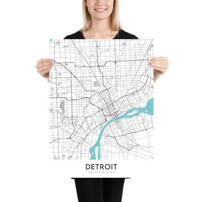 Mapa moderno de la ciudad de Detroit, MI: centro, Belle Isle, Corktown, Museo Motown, Woodward Ave