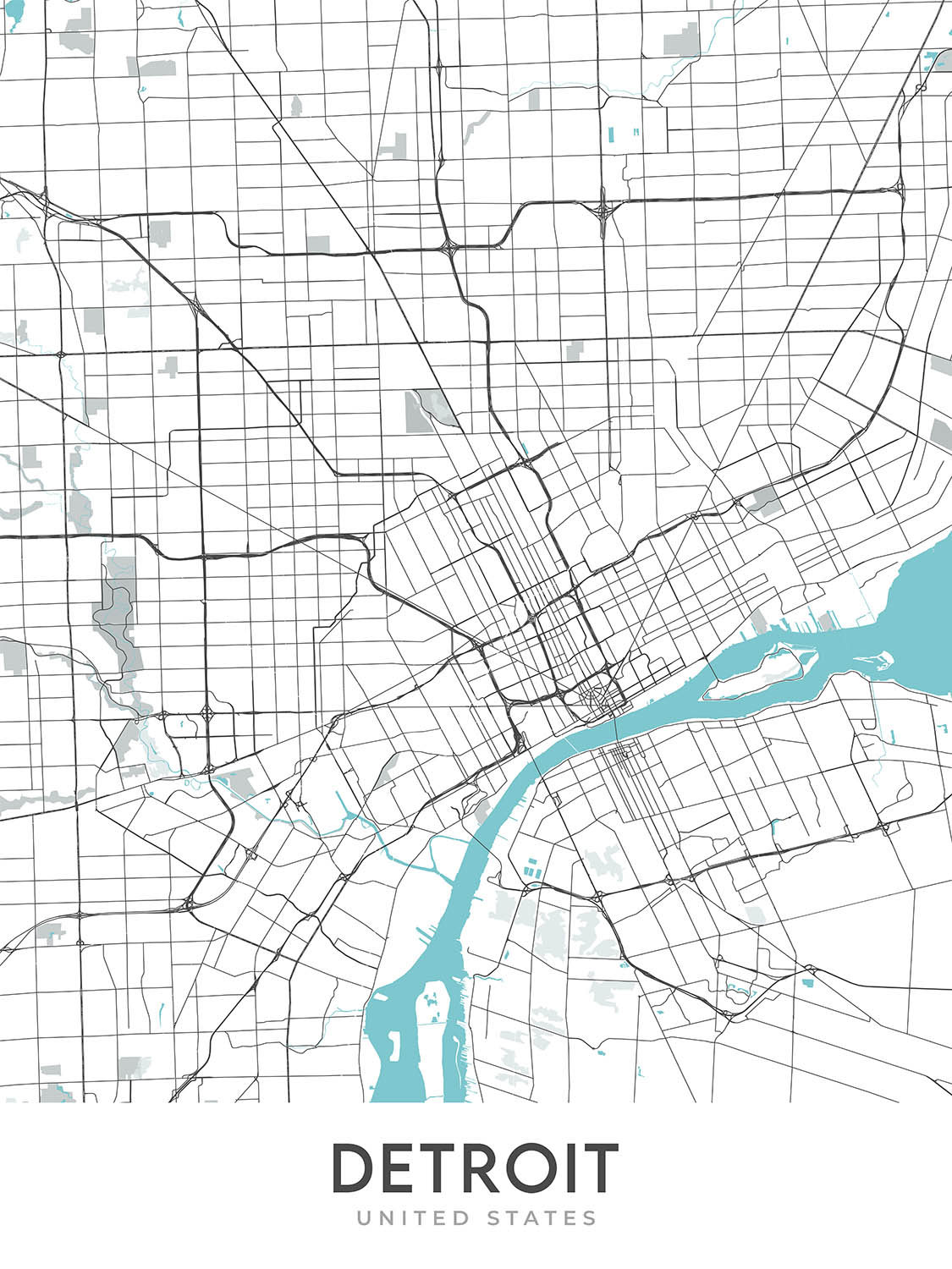 Mapa moderno de la ciudad de Detroit, MI: centro, Belle Isle, Corktown, Museo Motown, Woodward Ave