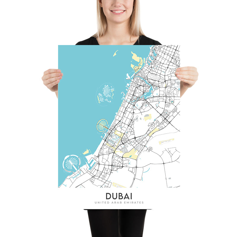 Carte moderne de la ville de Dubaï, Émirats Arabes Unis : Burj Khalifa, Palm Jumeirah, Centre-ville, Marina 