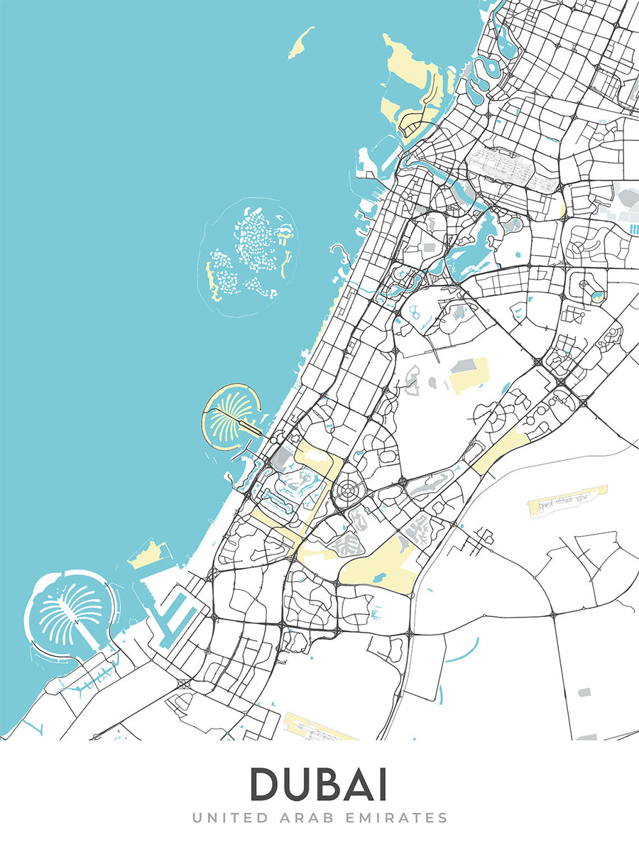 Carte moderne de la ville de Dubaï, Émirats Arabes Unis : Burj Khalifa, Palm Jumeirah, Centre-ville, Marina 