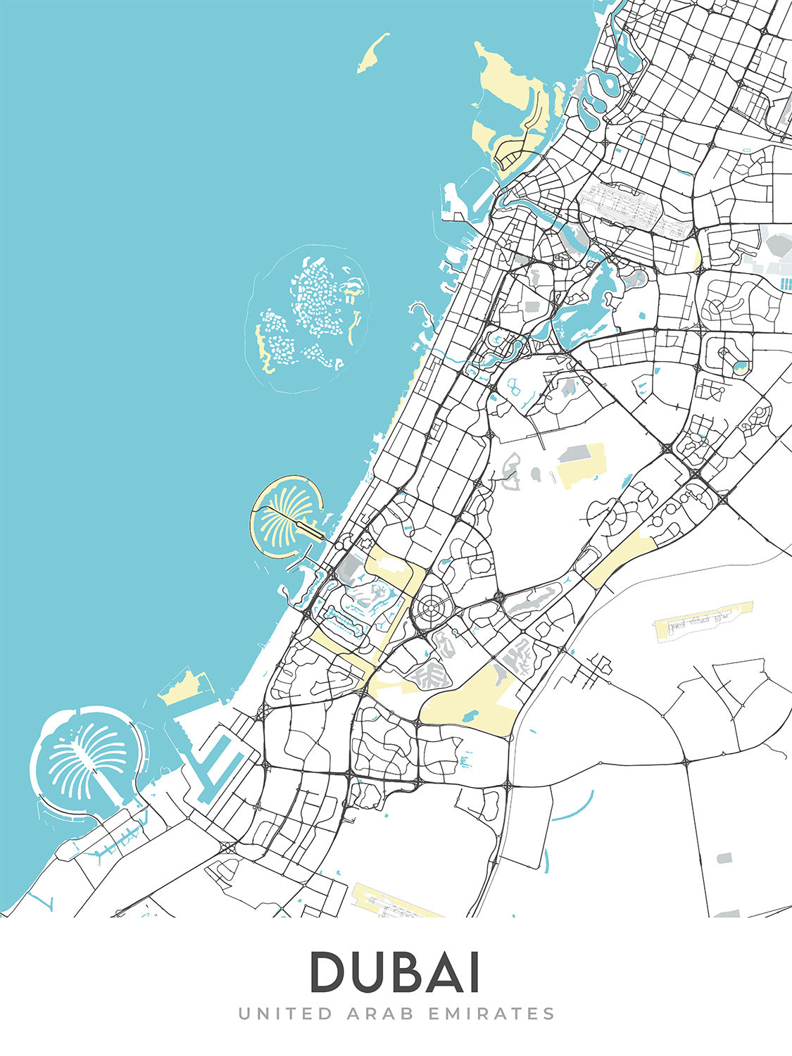 Modern City Map of Dubai, UAE: Burj Khalifa, Palm Jumeirah, Downtown, Marina