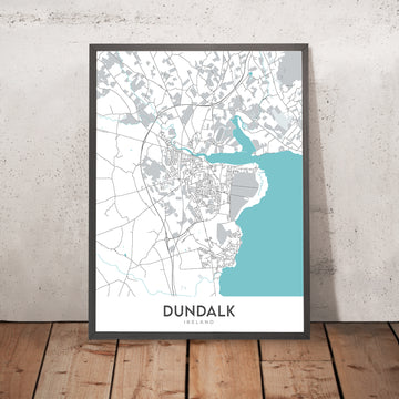 Plan de la ville moderne de Dundalk, Irlande : stade de Dundalk, cathédrale Saint-Patrick, N1, N52, R173