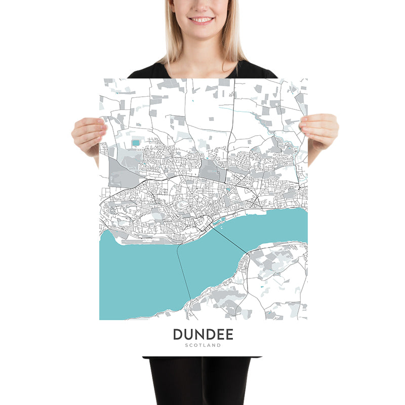 Moderner Stadtplan von Dundee, Schottland: Stadtzentrum, Tay Rail Bridge, Dundee Law, A90, V&A Dundee