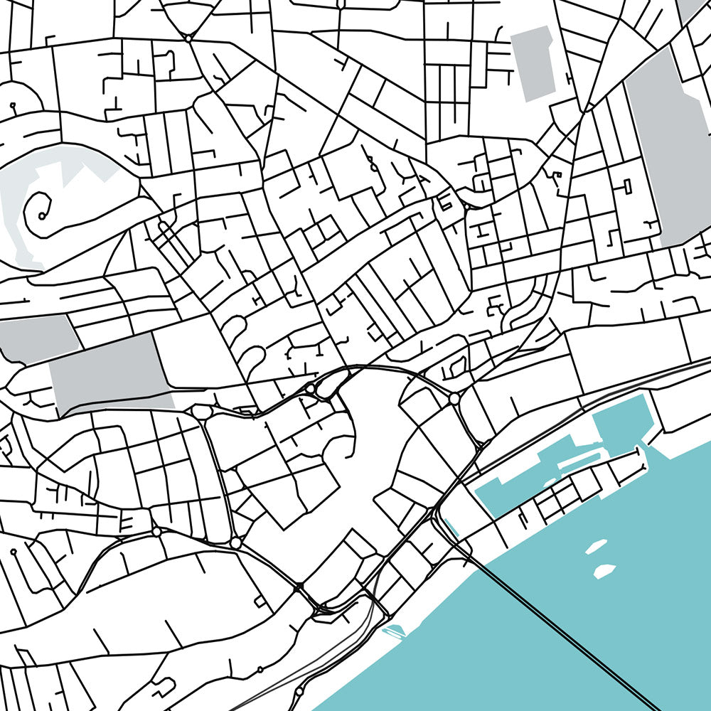 Mapa moderno de la ciudad de Dundee, Escocia: centro de la ciudad, puente ferroviario Tay, ley de Dundee, A90, V&A Dundee