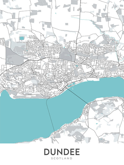 Mapa moderno de la ciudad de Dundee, Escocia: centro de la ciudad, puente ferroviario Tay, ley de Dundee, A90, V&A Dundee