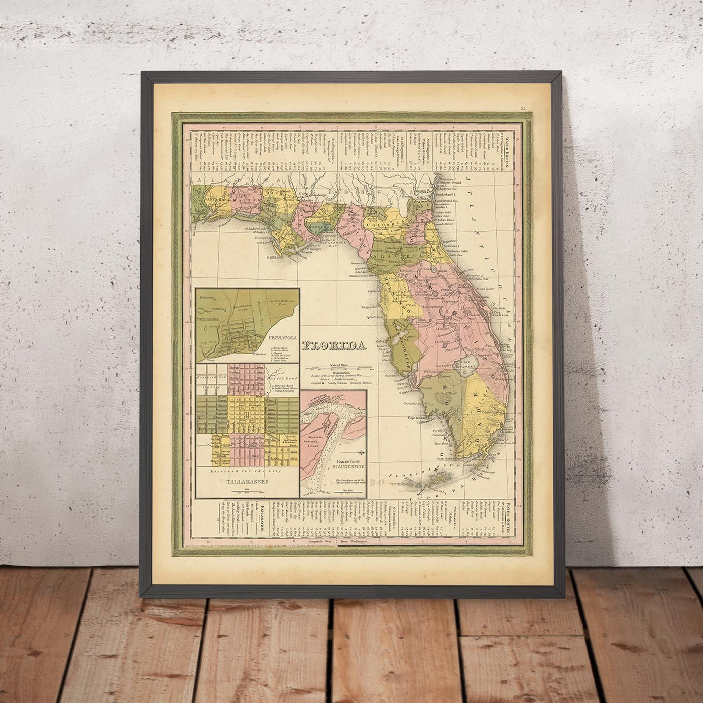 Mapa antiguo de Florida por H.S. Tanner, 1839: Miami, Tampa, Orlando, San Petersburgo, Jacksonville, Cayo Lago, Cayos