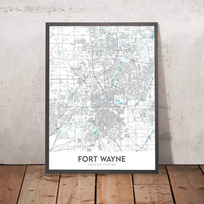 Modern City Map of Fort Wayne, IN: Downtown, IPFW, Parkview, Coliseum Blvd, St Rd 9