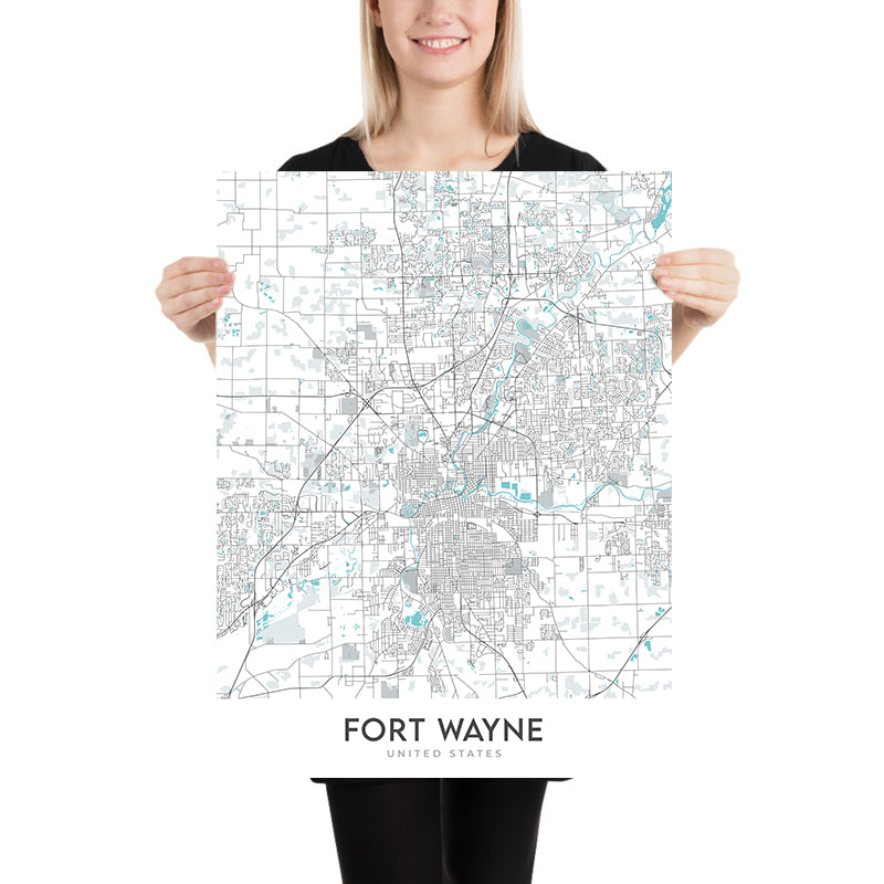 Moderne Stadtkarte von Fort Wayne, IN: Innenstadt, IPFW, Parkview, Coliseum Blvd, St Rd 9 