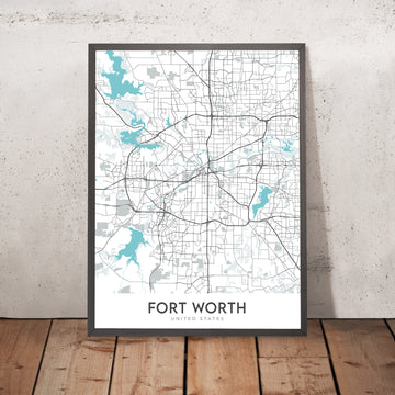 Moderne Stadtkarte von Fort Worth, TX: Stockyards, Sundance Sq, TCU, Innenstadt, Will Rogers 