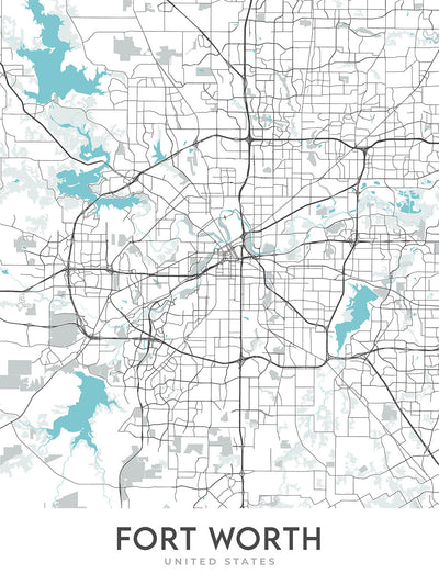 Mapa moderno de la ciudad de Fort Worth, TX: Stockyards, Sundance Sq, TCU, Downtown, Will Rogers