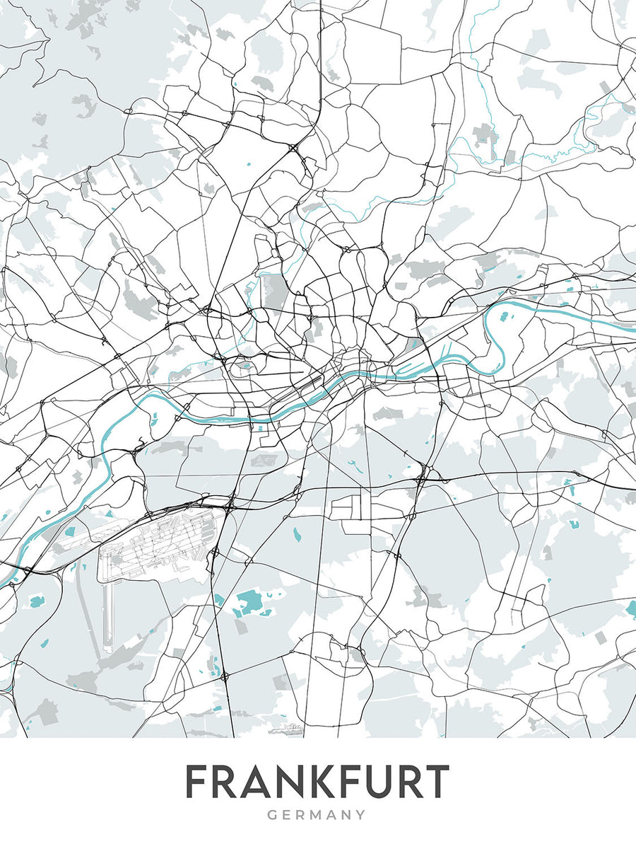 Plan de la ville moderne de Francfort, Allemagne : Bahnhofsviertel, tour de la Commerzbank, cathédrale de Francfort, rivière Main, Sachsenhausen