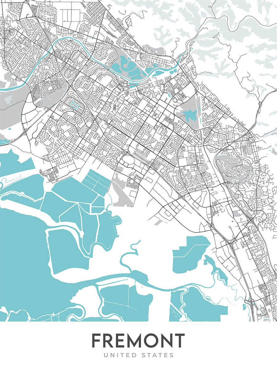 Moderne Stadtkarte von Fremont, CA: Ardenwood, Mission San Jose, Niles Canyon Railway, Tesla-Fabrik, Warm Springs 