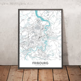 Modern City Map of Fribourg, Switzerland: Altstadt, Cathédrale Saint-Pierre, Jet d'Eau, Palais des Nations, Parc des Eaux-Vives