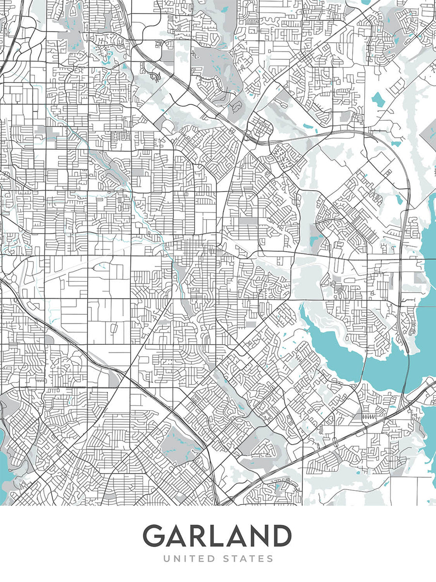 Moderne Stadtkarte von Garland, TX: Buckingham, Duck Creek, Firewheel, Granville Arts District, Lake Highlands 
