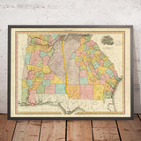 Alte Karte von Georgia und Alabama von H. S. Tanner, 1820: Atlanta, Savannah, Augusta, Columbus (GA) und Montgomery 