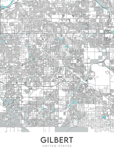 Plan de la ville moderne de Gilbert, Arizona : Gilbert, Mesa, Chandler, US 60, SR 87