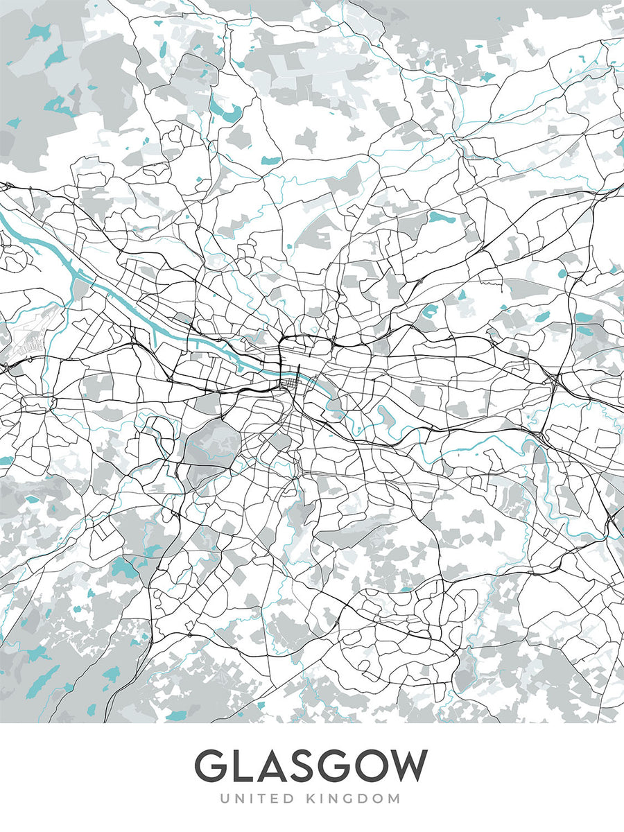Plan de la ville moderne de Glasgow, Royaume-Uni : Cathédrale, Université, Nécropole, Vert, Centre scientifique
