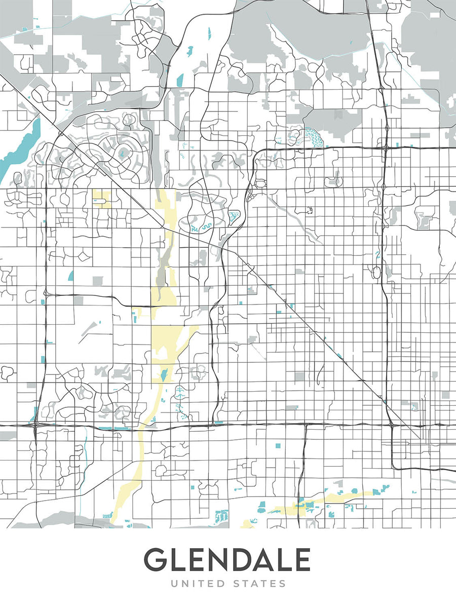 Moderne Stadtkarte von Glendale, AZ: Arrowhead Ranch, State Farm Stadium, Westgate, Sport- und Unterhaltungsviertel, Staatsstraße 101 