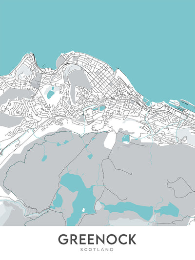 Mapa moderno de la ciudad de Greenock, Escocia: centro de la ciudad, Lyle Hill, A78, Custom House, Battery Park