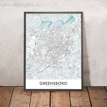 Plan de la ville moderne de Greensboro, Caroline du Nord : centre-ville, Colisée, université, I-40, I-85