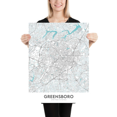 Moderner Stadtplan von Greensboro, NC: Innenstadt, Kolosseum, Universität, I-40, I-85