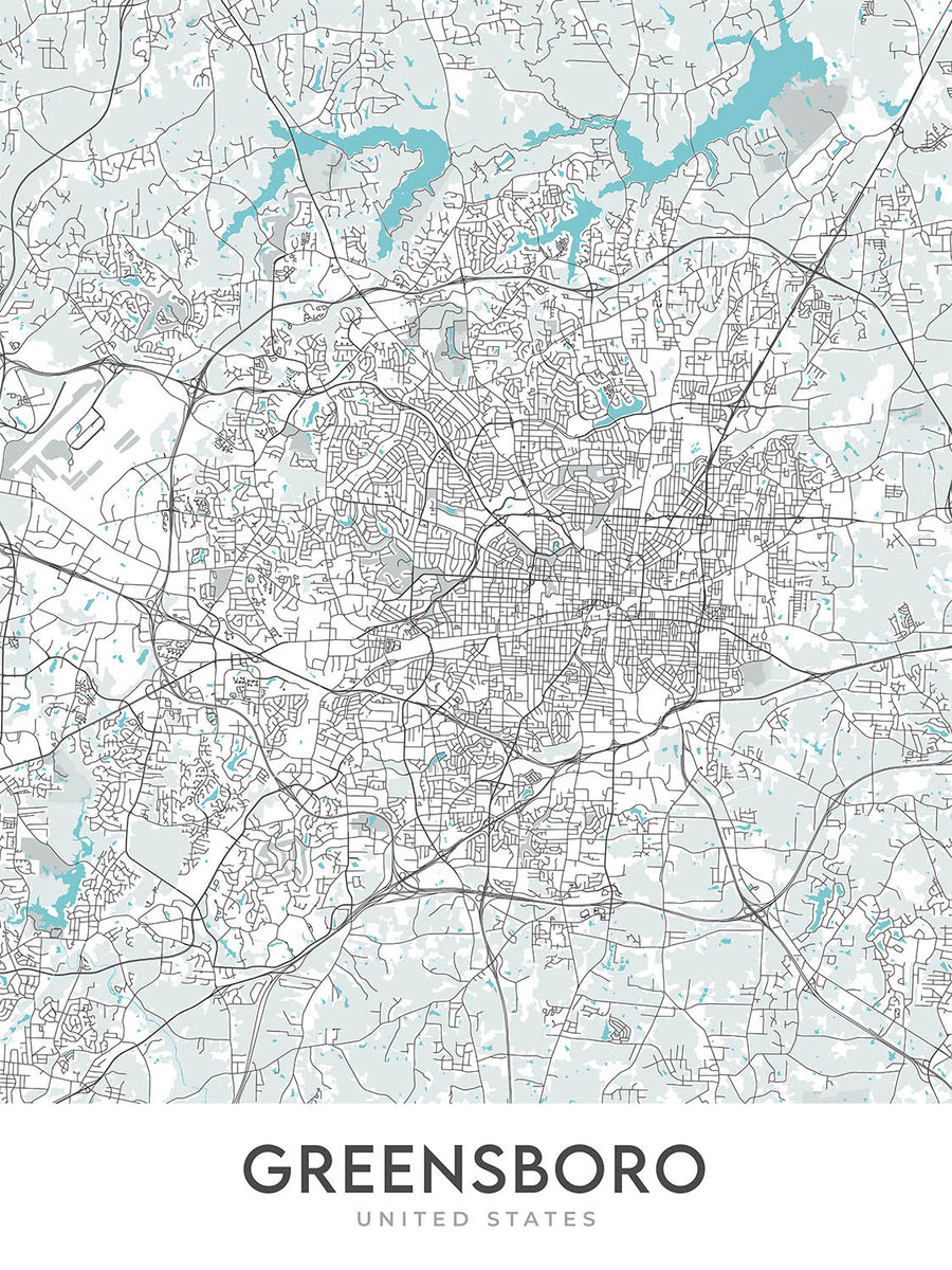 Moderne Stadtkarte von Greensboro, NC: Innenstadt, Coliseum, Universität, I-40, I-85 