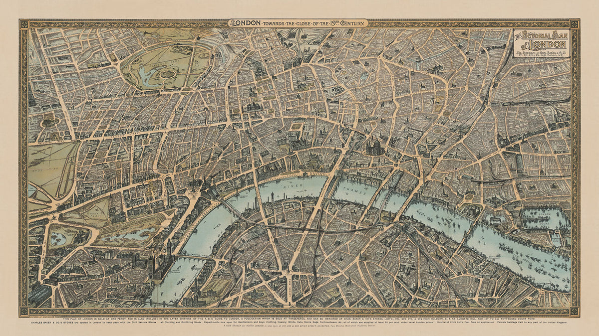 Antiguo mapa a vista de pájaro de Londres en 1892 por Charles Baker & Co - Westminster, City of London, Lambeth, Covent Garden, Marylebone