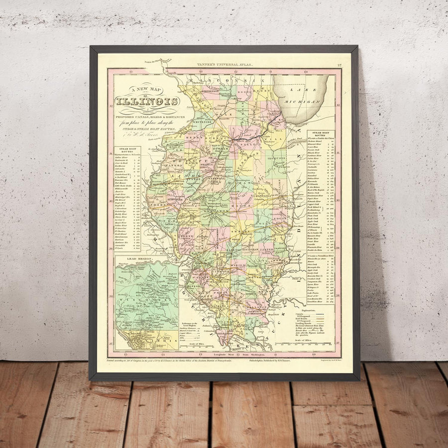 Old Map of Illinois by H. S. Tanner, 1836: Chicago, Aurora, Rockford, Joliet, Naperville, Roads, Railway, Canals