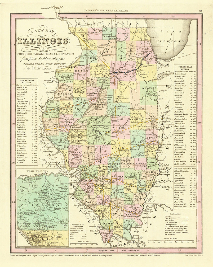 Old Map of Illinois by H. S. Tanner, 1836: Chicago, Aurora, Rockford, Joliet, Naperville, Roads, Railway, Canals
