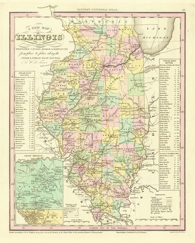 Mapa antiguo de Illinois por H. S. Tanner, 1836: Chicago, Aurora, Rockford, Joliet, Naperville, Carreteras, Ferrocarril, Canales