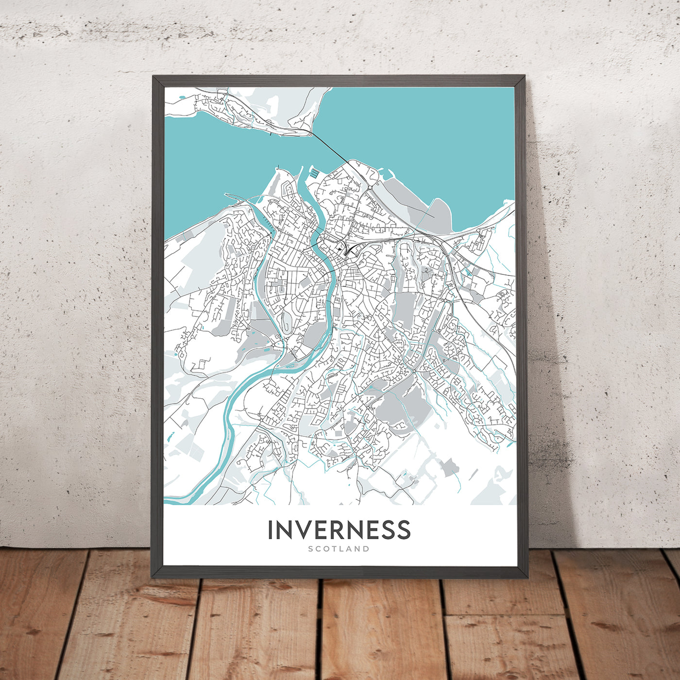 Plan de la ville moderne d'Inverness, Écosse : centre-ville, rivière Ness, A82, château d'Inverness, îles Ness