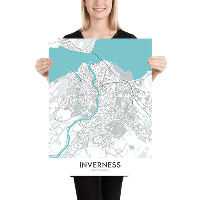 Mapa moderno de la ciudad de Inverness, Escocia: centro de la ciudad, río Ness, A82, castillo de Inverness, islas Ness