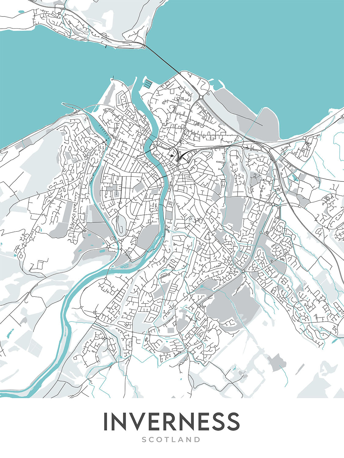 Mapa moderno de la ciudad de Inverness, Escocia: centro de la ciudad, río Ness, A82, castillo de Inverness, islas Ness