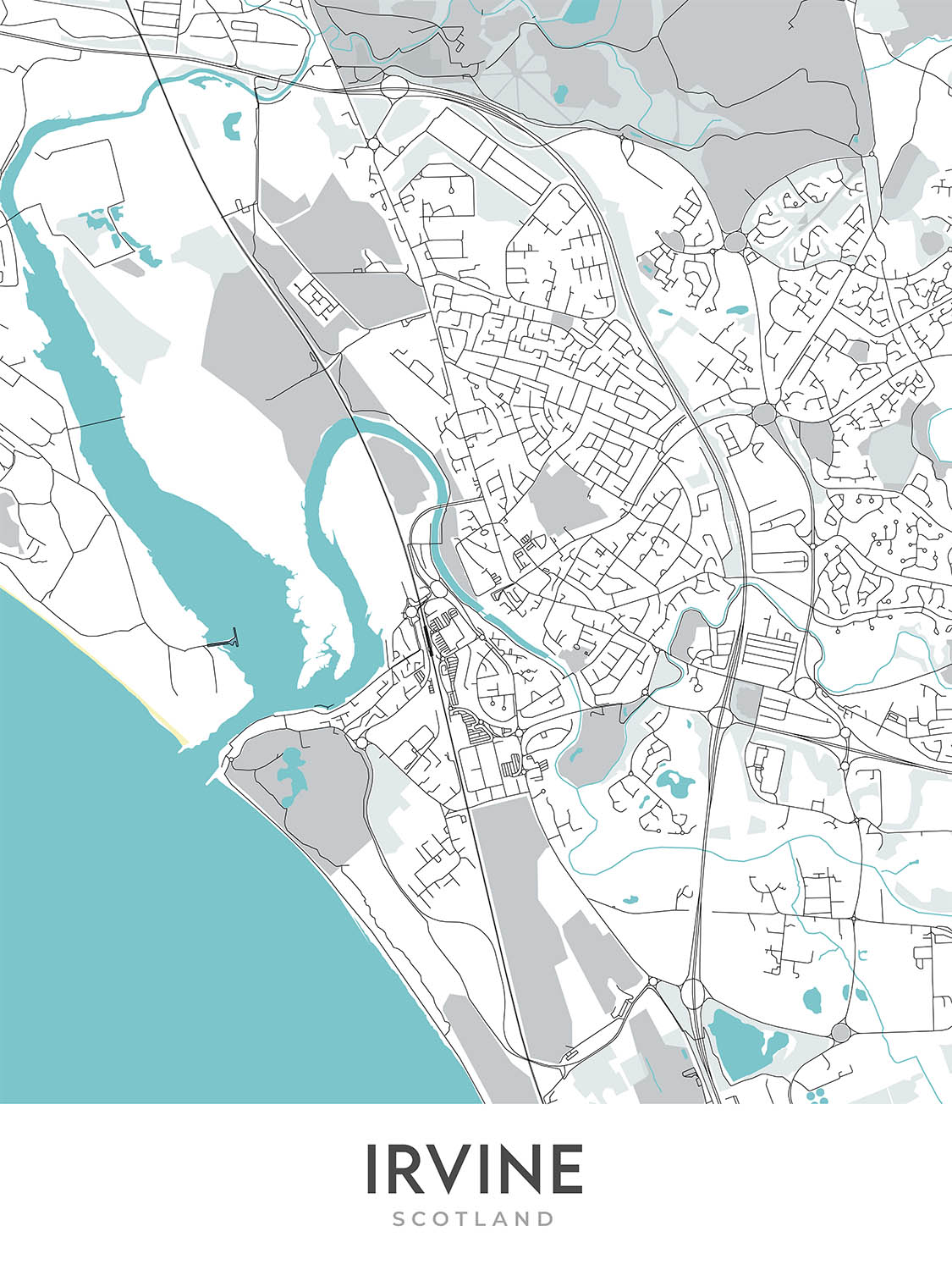 Mapa moderno de la ciudad de Irvine, Escocia: centro de la ciudad, río Irvine, parque Eglinton, A71, puerto de Irvine