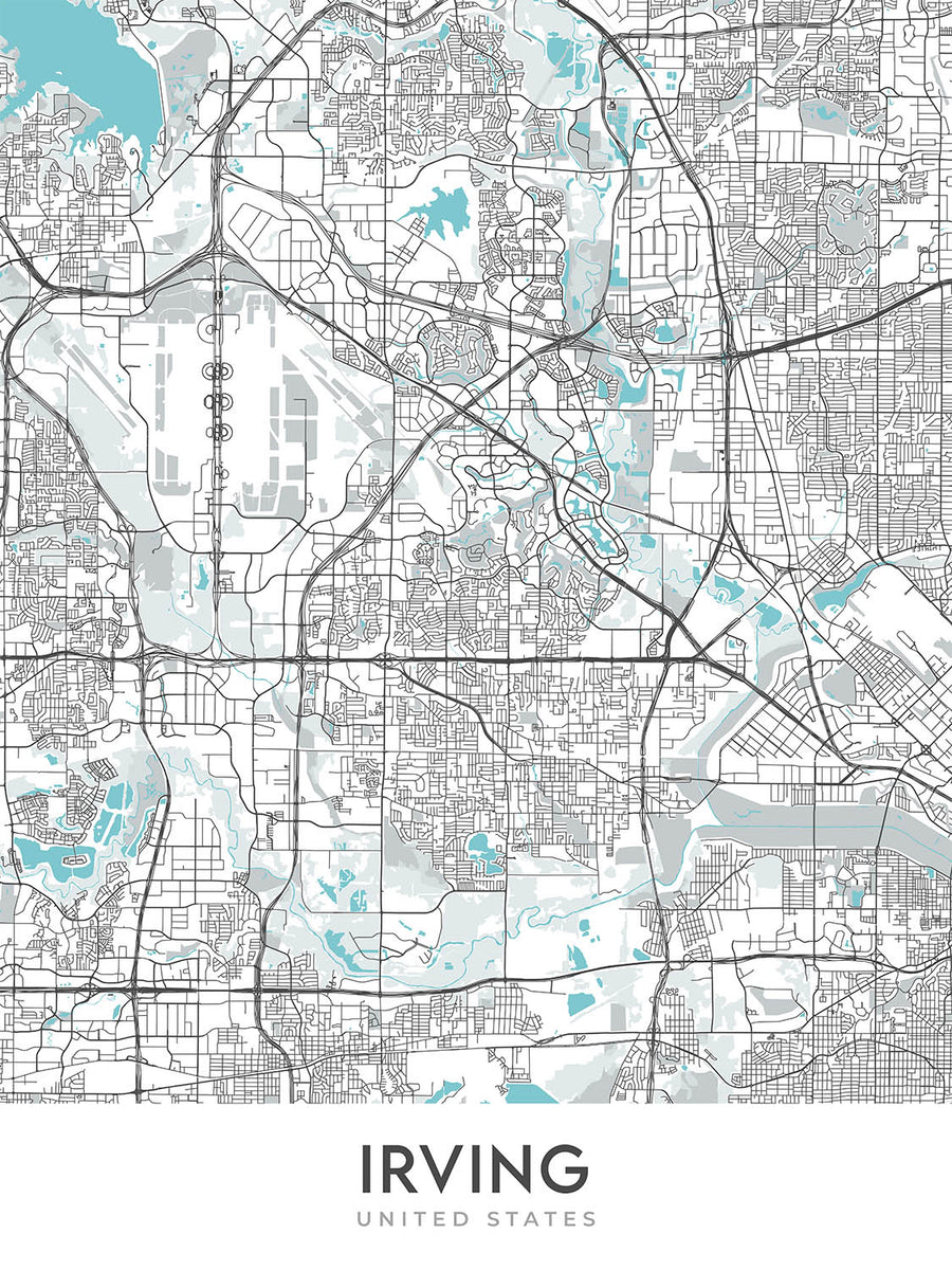Moderne Stadtkarte von Irving, TX: Las Colinas, Toyota Music Factory, Mustangs, Mandalay Canal, Irving Mall 