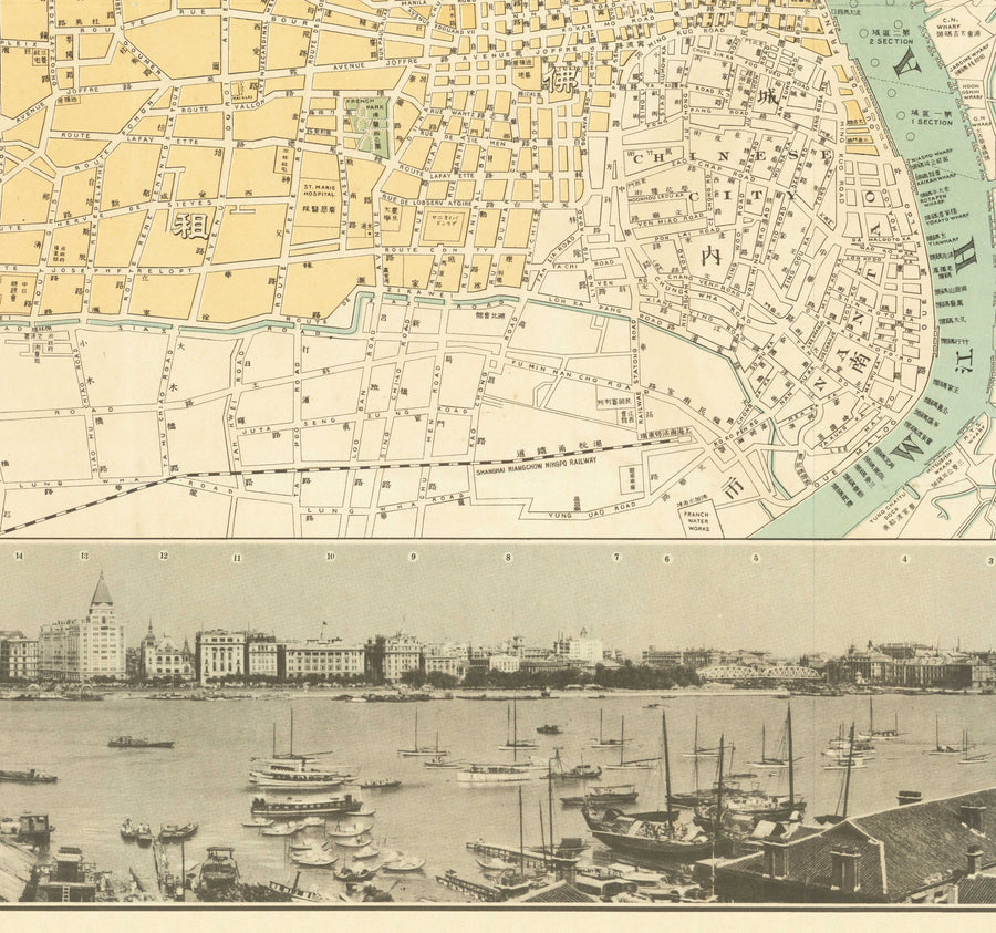 Ancienne carte de Shanghai en 1935 par Osaka Daily News - Rivière Huangpu, district de Yangpu, Pudong, Lujiazui, Jing&