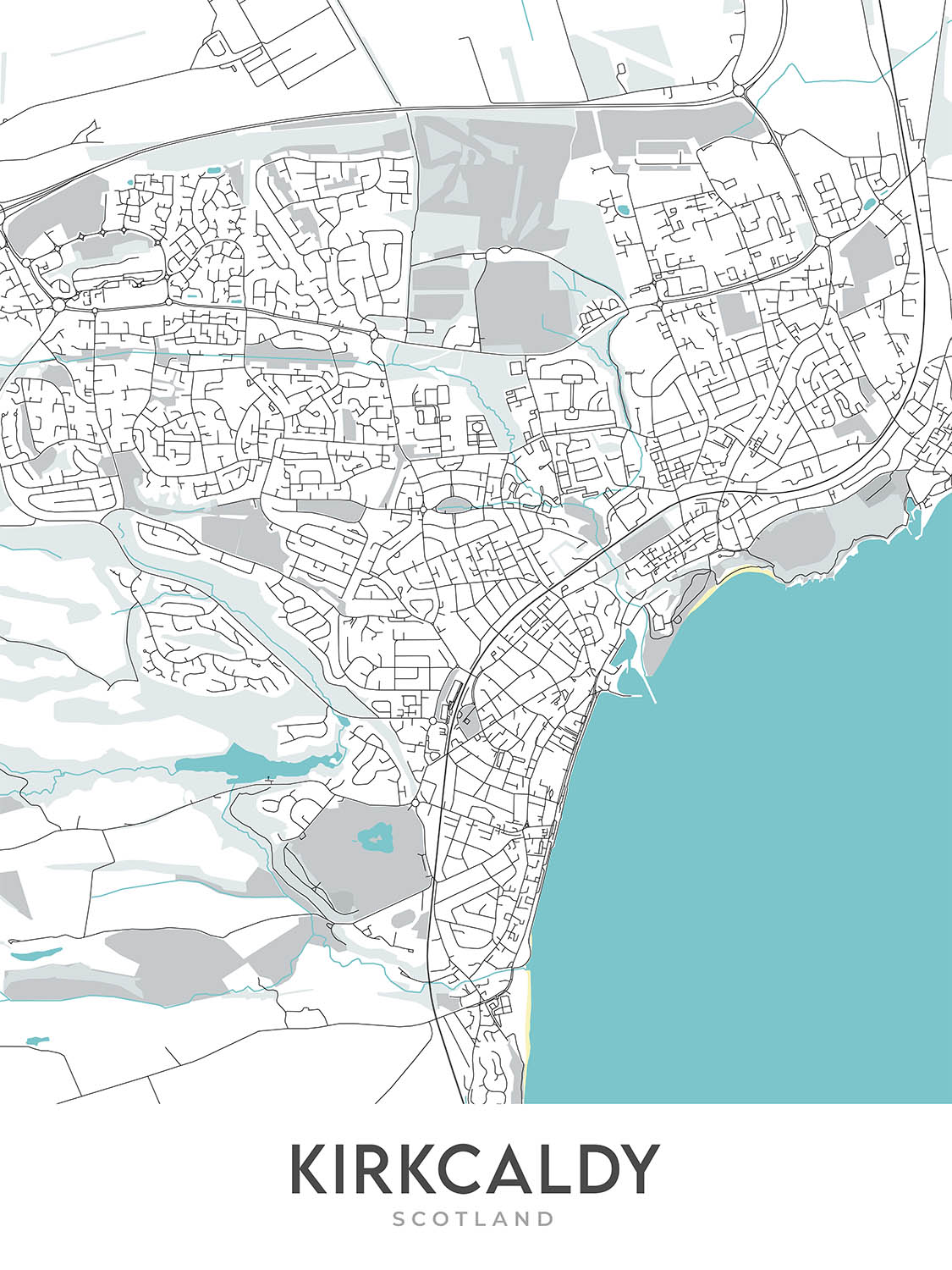 Plan de la ville moderne de Kirkcaldy, Écosse : château de Ravenscraig, parc Beveridge, A921, Pathhead, Harbour