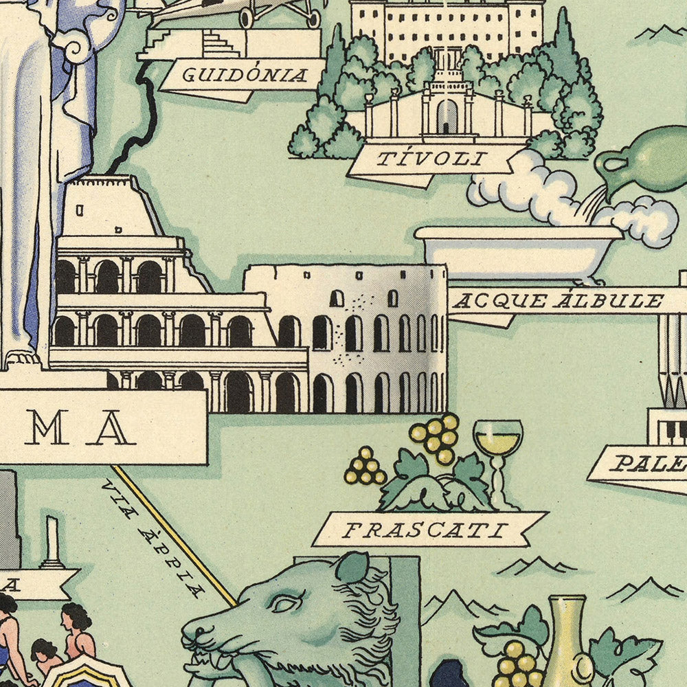 Old Pictorial Map of Lazio by De Agostini, 1938: Rome, Colosseum, Roman Forum, Pantheon, Circeo National Park